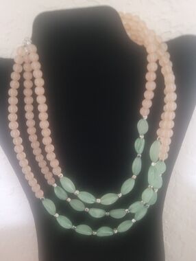 Beige and Pale Green Glass Bead Necklace, Bracelets and Earring Set